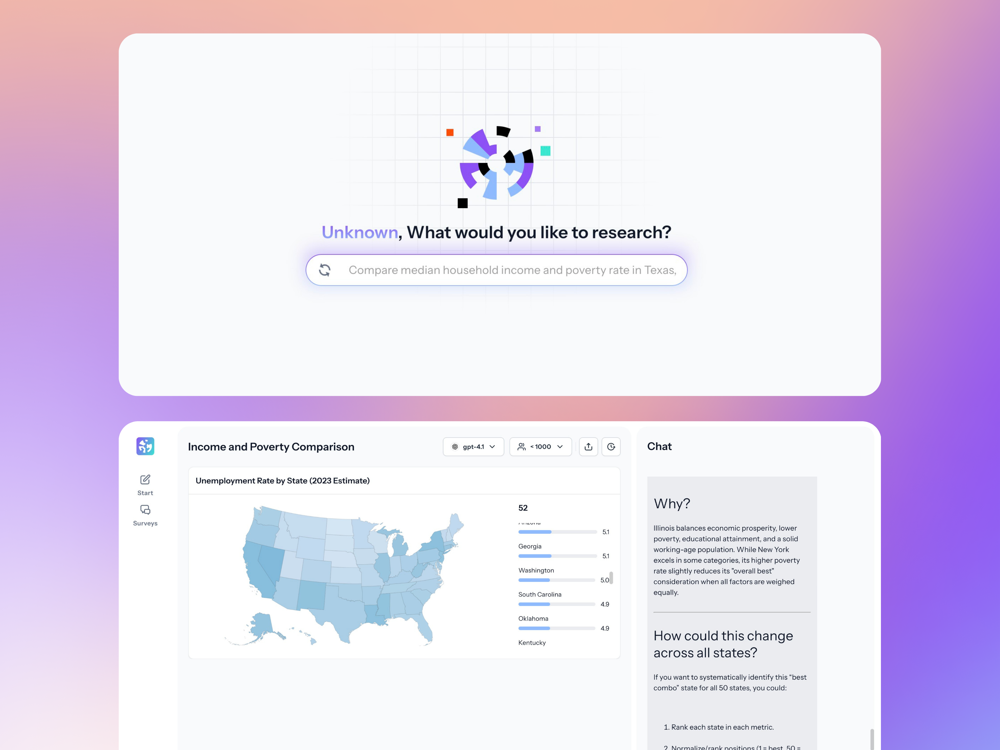 Cambium AI research prompt bar and a map chart