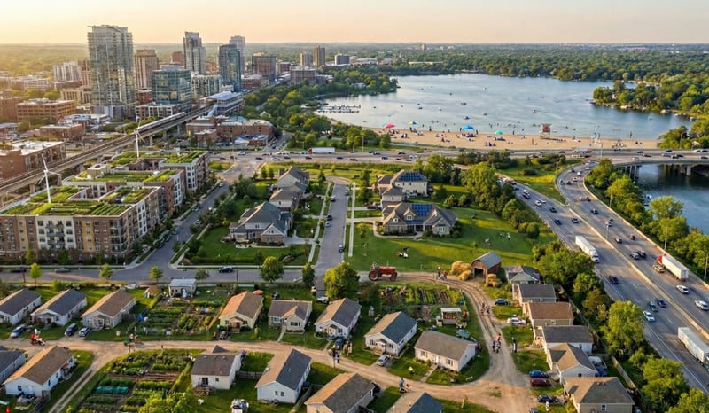Aerial view of a city skyline beside a lake, with a neighborhood of houses in front