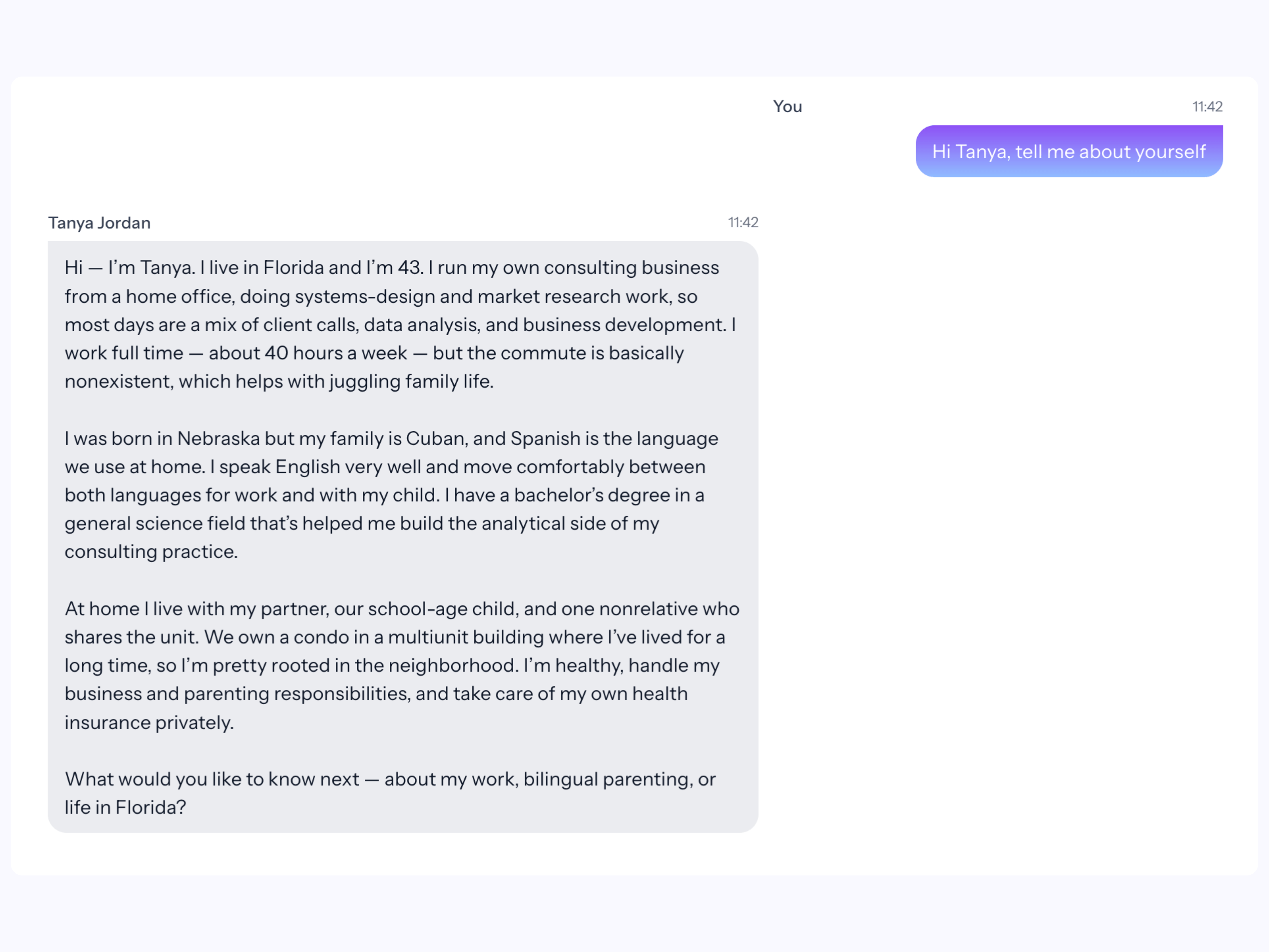 Chat interface between a user and Cambium AI personas, Tanya