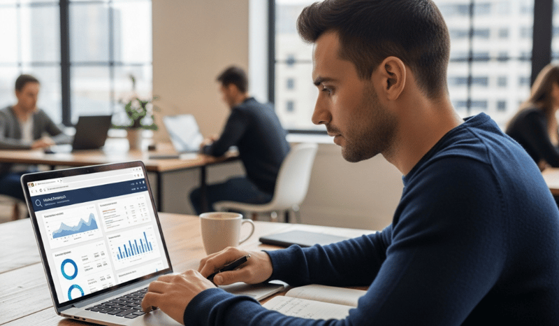 Young male conducting online market research from a co-working space