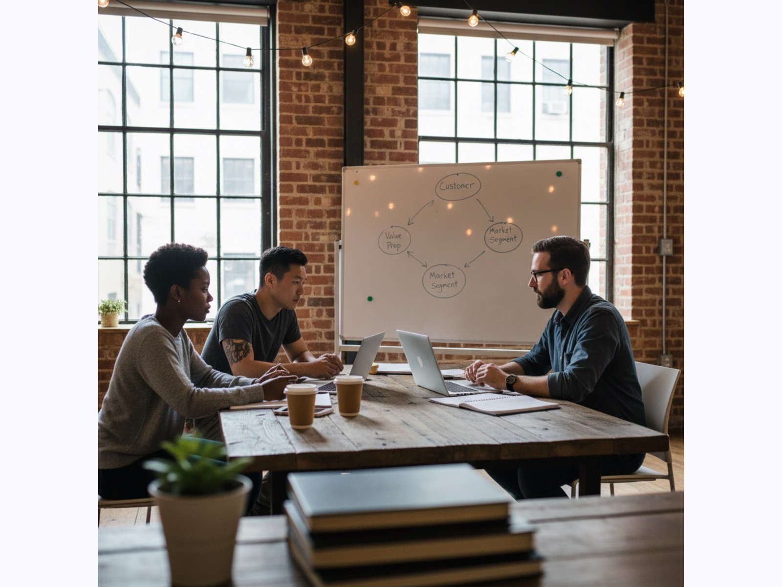 A startup team mapping customers and market segments on a whiteboard