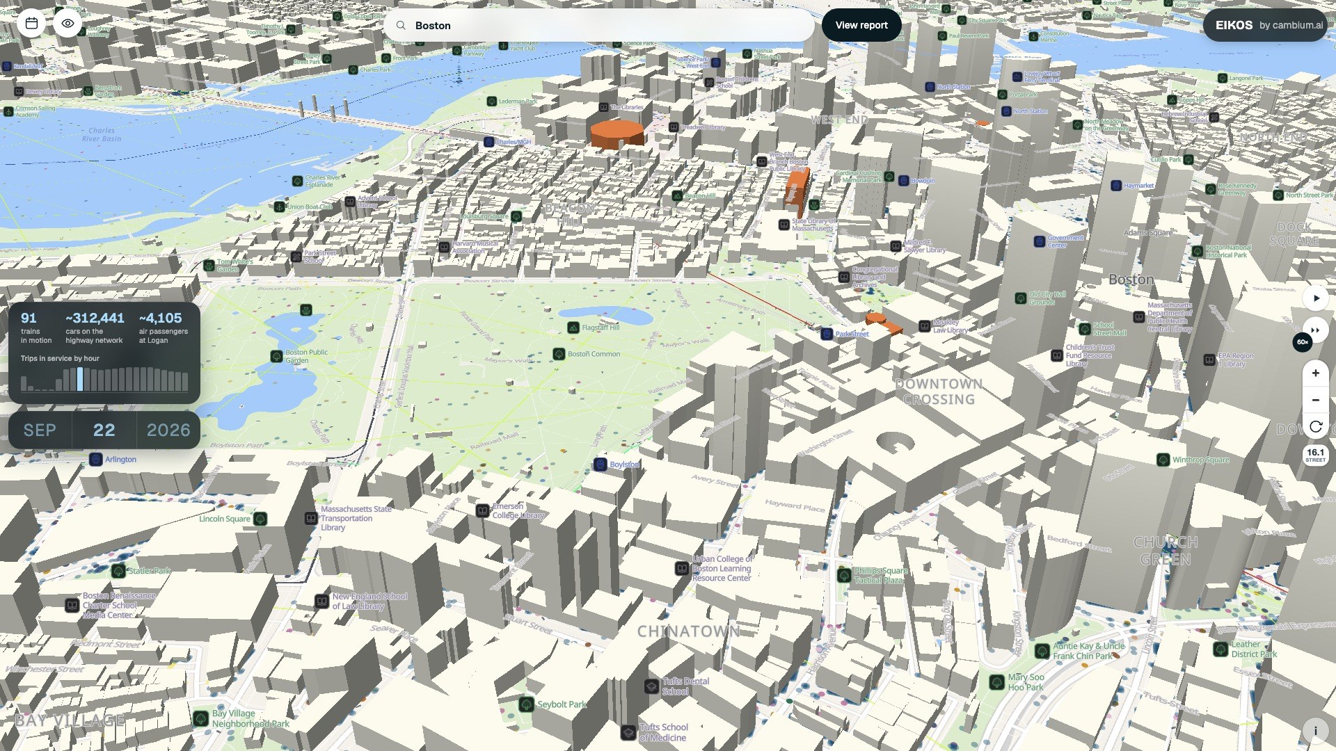 EIKOS showing Boston Common and Downtown Crossing in 3D on a weekday morning, with simulated residents as small colored dots and counts of trains, cars, and air passengers