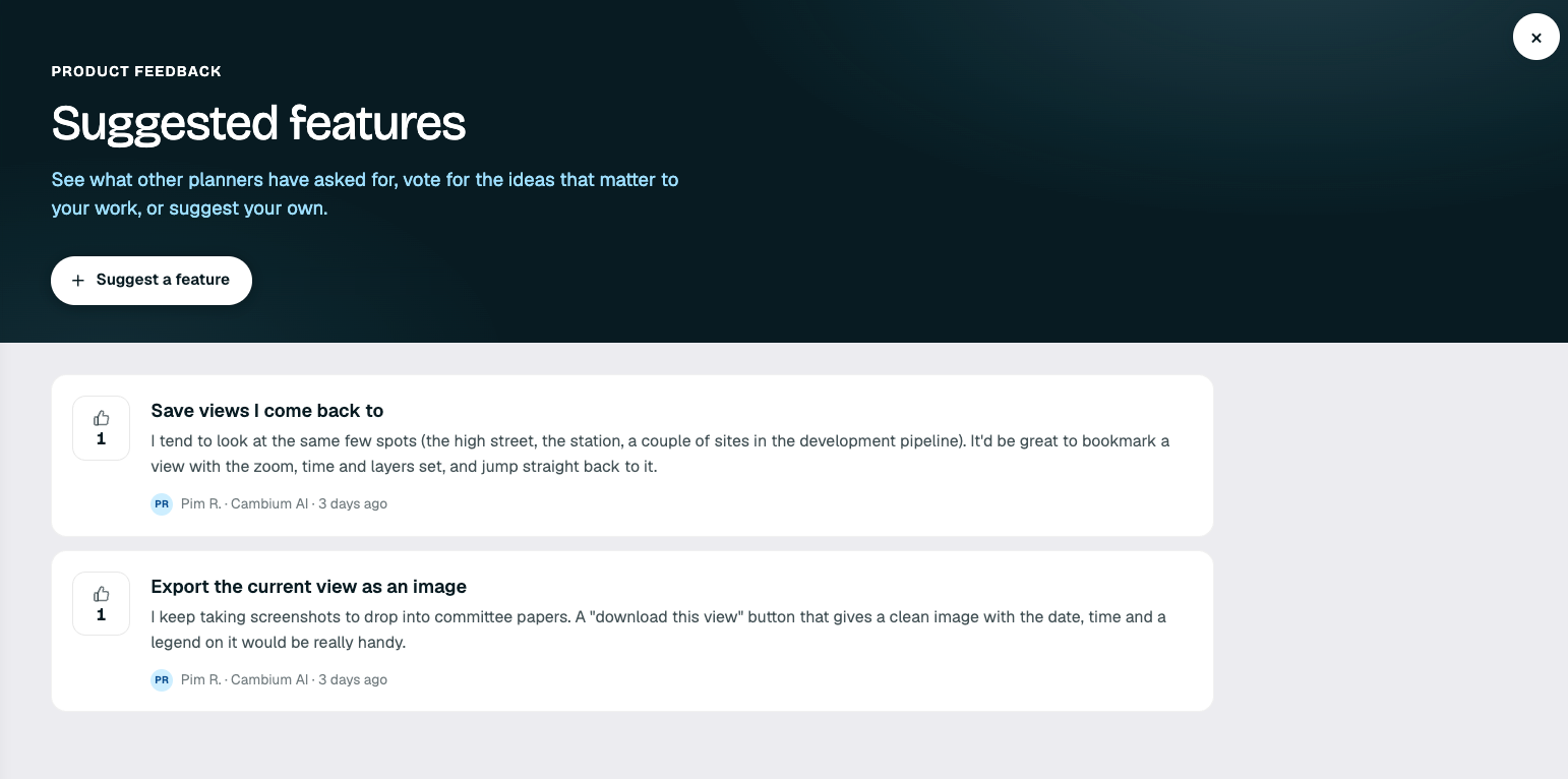 Suggested features in EIKOS: a Suggest a feature button and two suggestions with their votes, one to save views you come back to and one to export the current view as an image