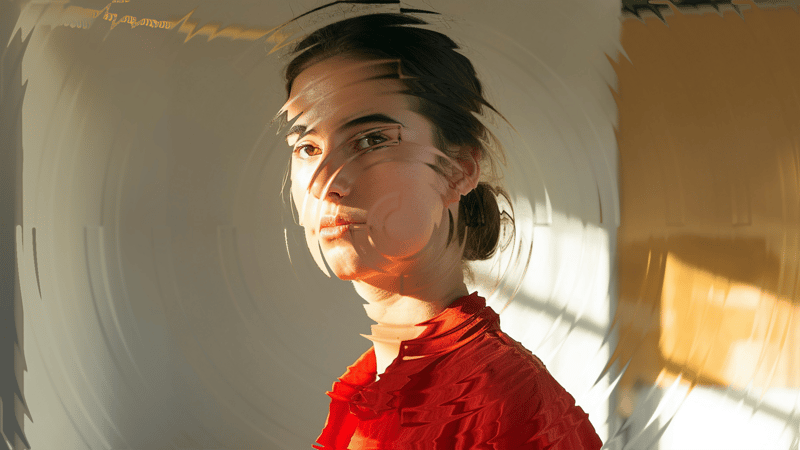 A woman wearing a red top with a warped effect overlay