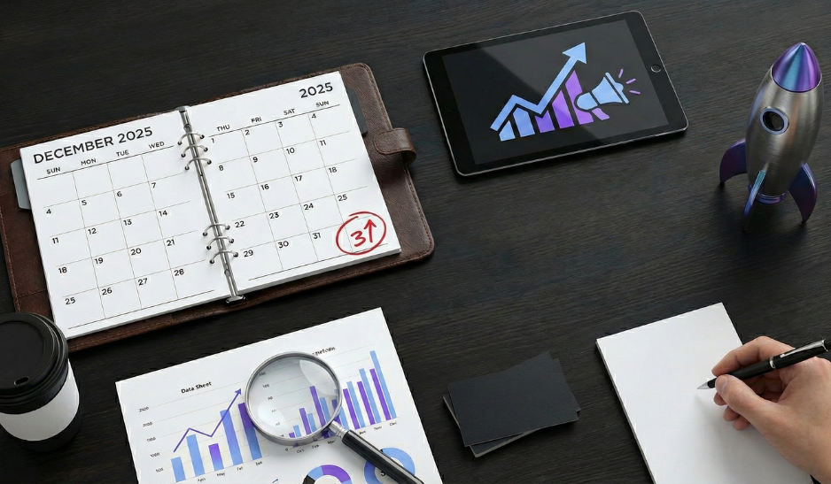An Ipad, planner, charts, rocket and magnifying glass on a black table