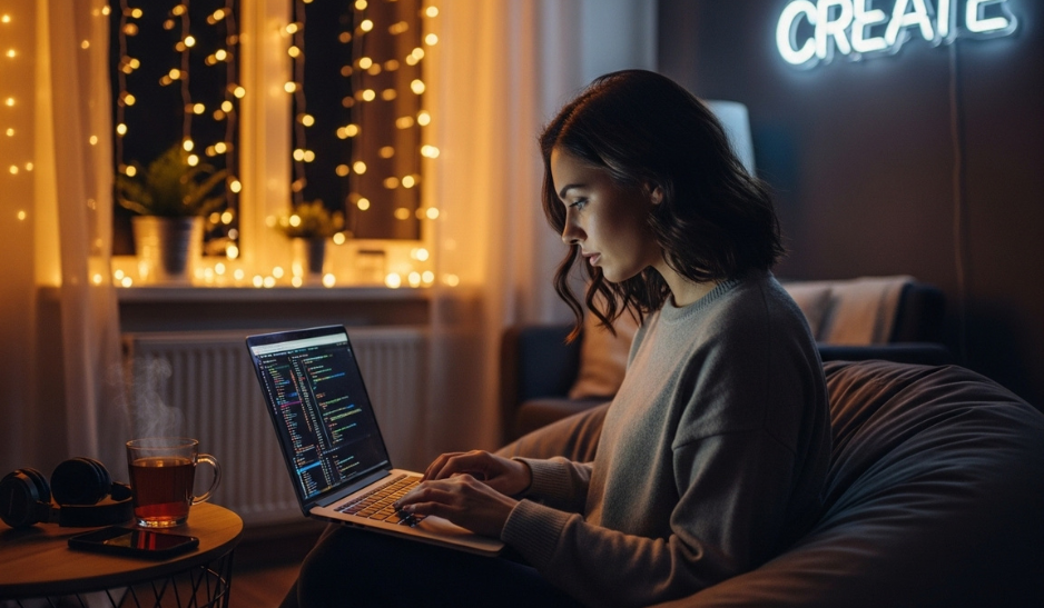 An image of a woman at home coding